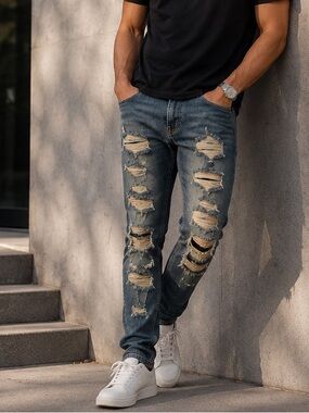 Men's Skinny Distressed Denim Jeans in Blue 34x34